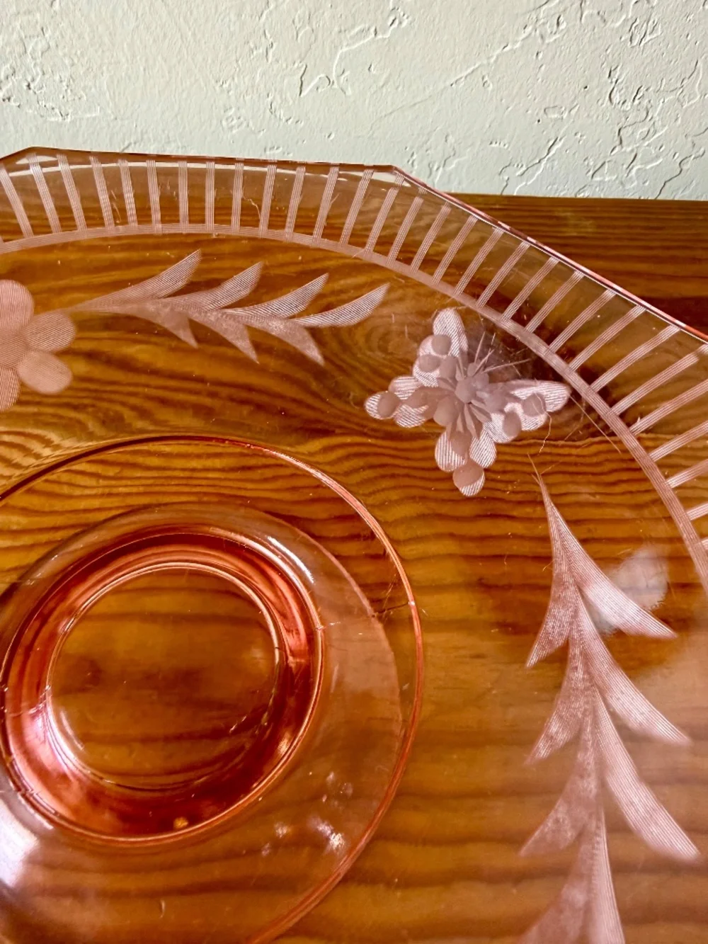 Vintage Depression Glass Pink Etched Glass Pedestal Compote Fruit Bowl